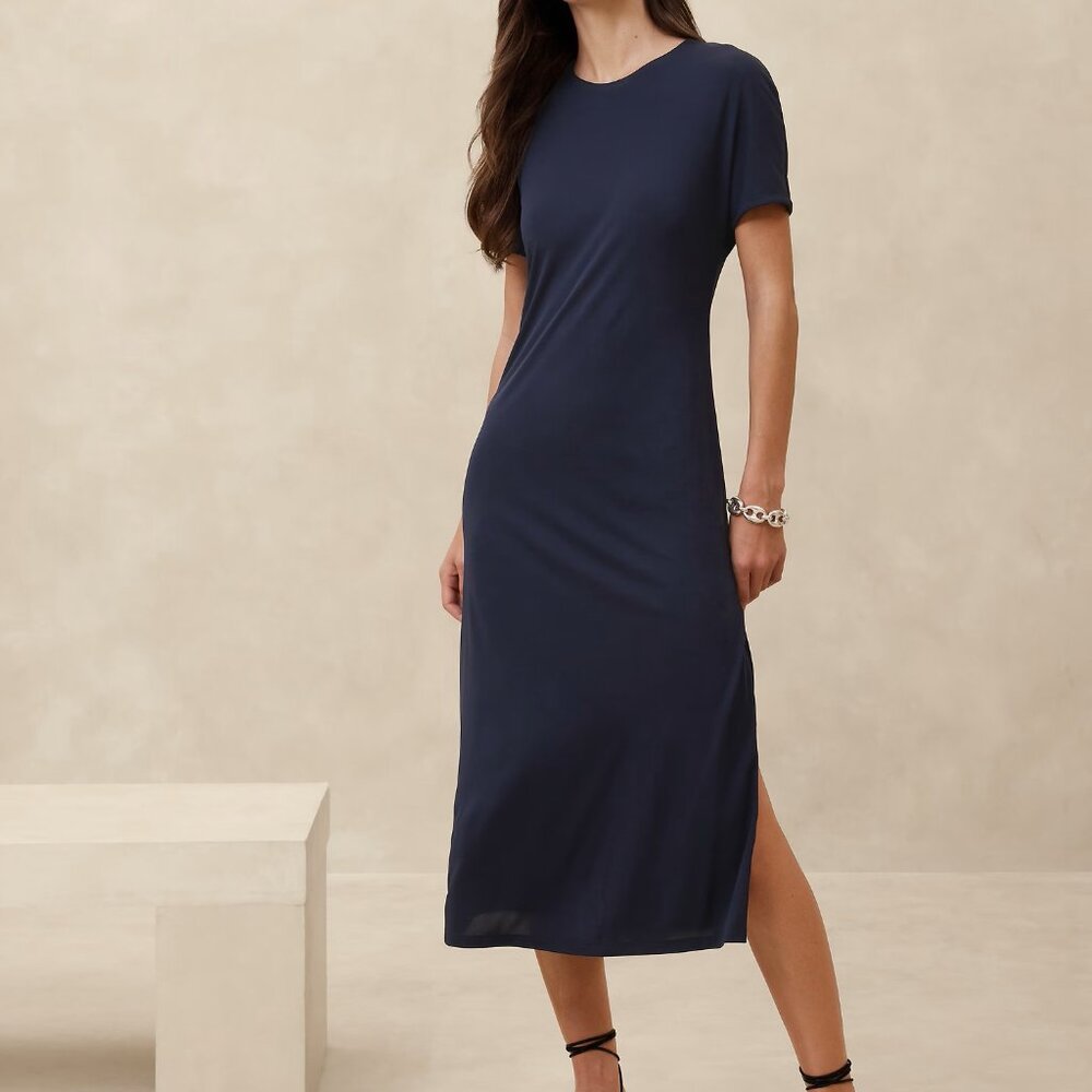NWT!!! Banana Republic RT$140 Navy Blue Crepe Jersey Knit Midi T-Shirt Dress XXL